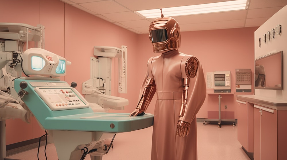 Humanoid robot performing professional workplace tasks in futuristic office setting