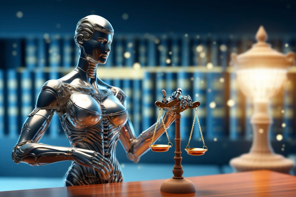 Humanoid AI robot lawyer analyzing legal documents in close-up