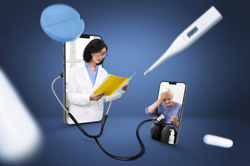 Creative collage of online telehealth consultation