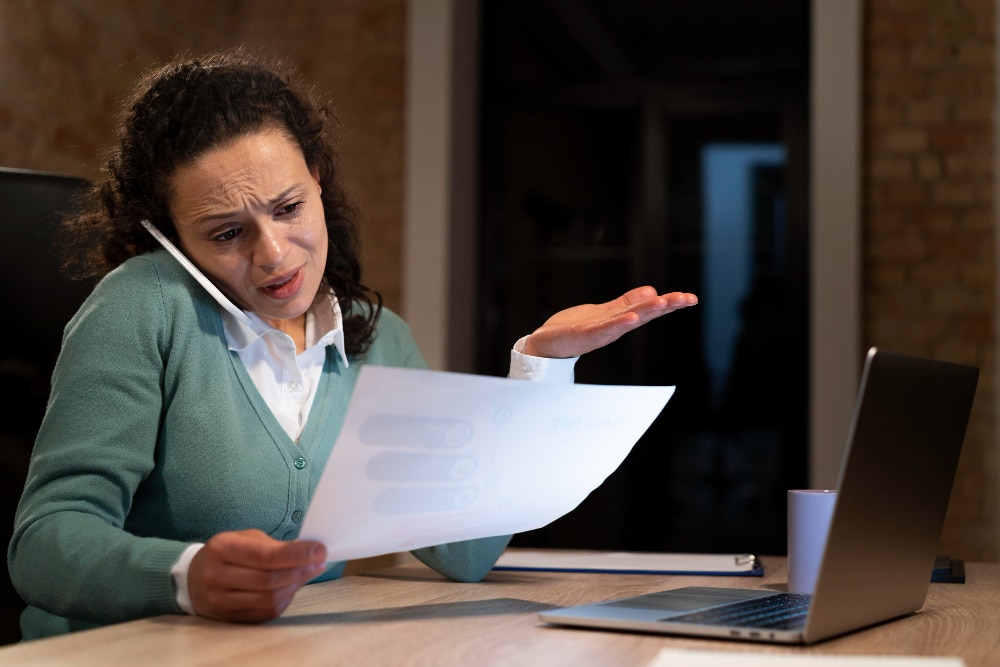 Exhausted woman looking frustrated while reviewing denied paperwork. 🔹 Title: