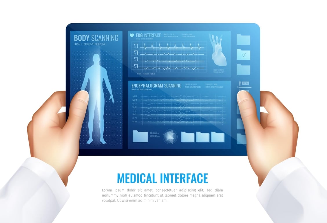 Close-up of hands interacting with medical records on a tablet screen