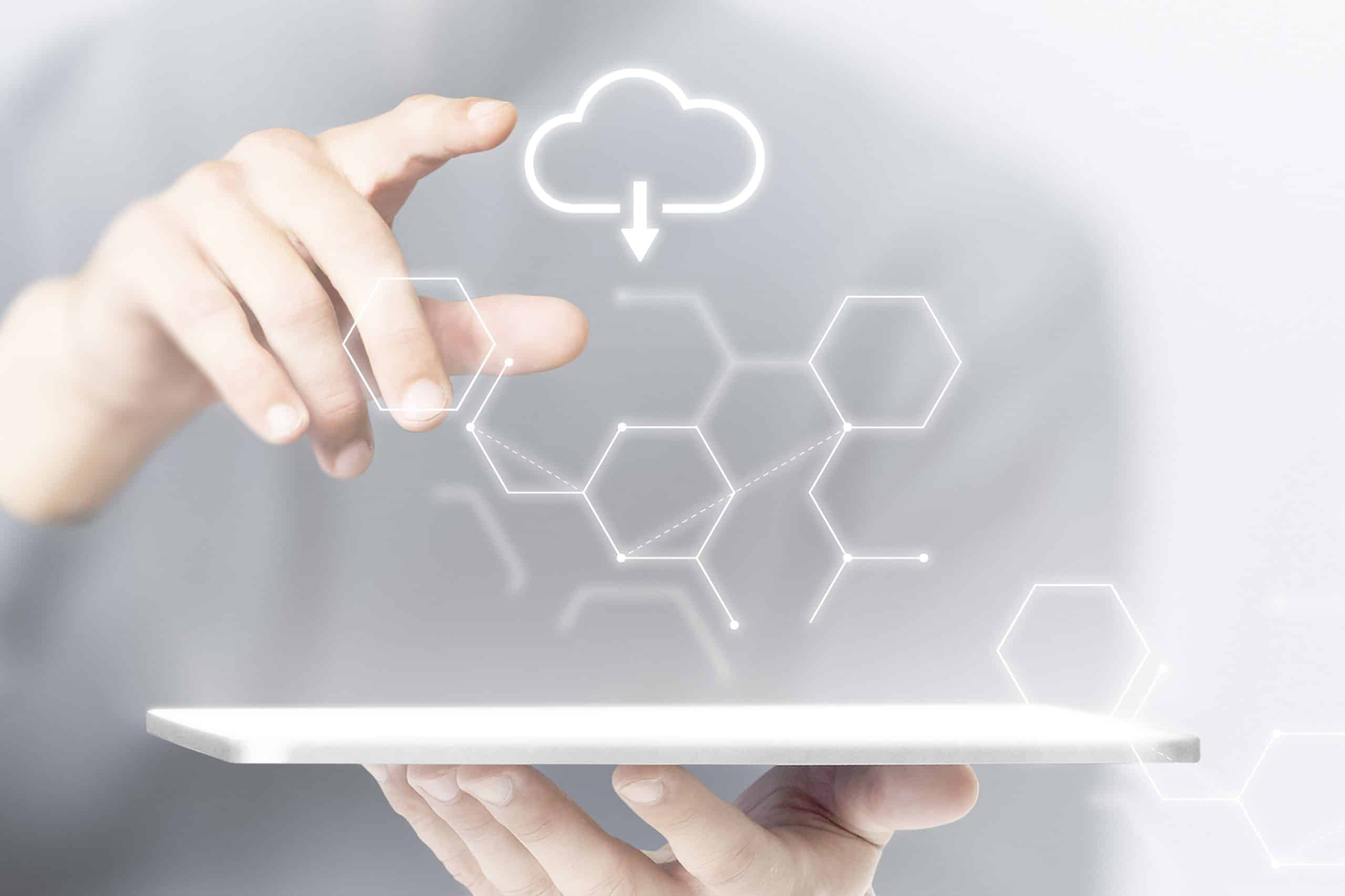 Cloud system and smart technology on tablet background