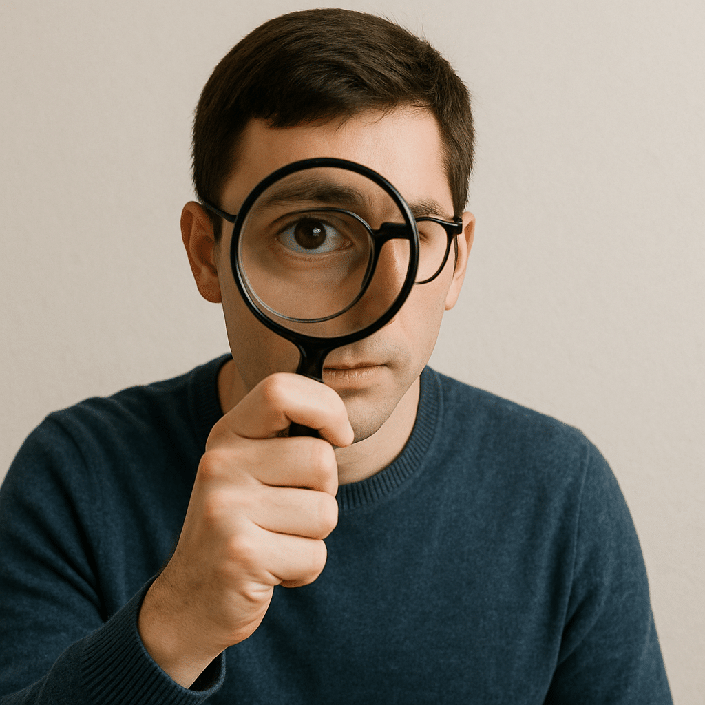 Man looking through magnifying glass